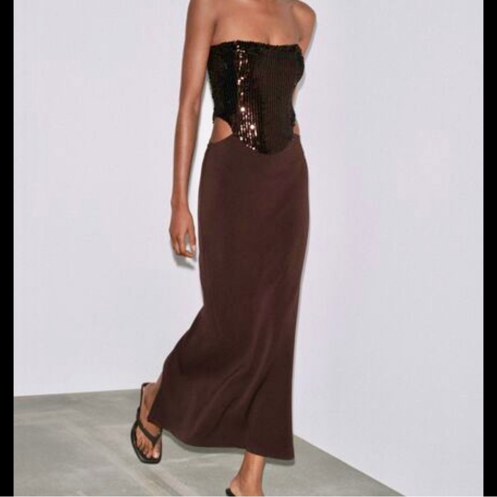 Zara Strapless Sequin Bodice Brown Maxi Dress